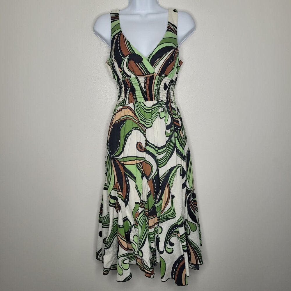 Bisou Bisou green brown abstract groovy smocked midi artsy dress size 8